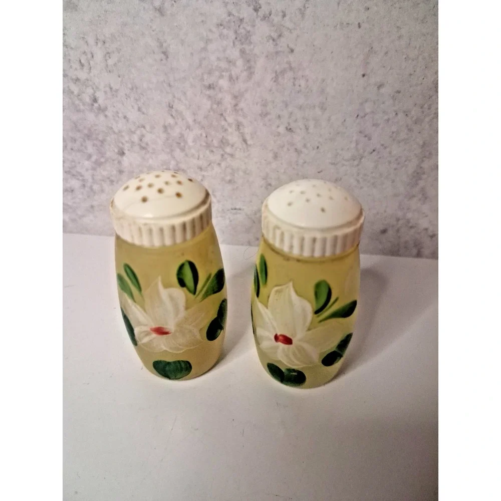 Glass Salt and Pepper Shakers,Bartlett Collins, Hand-Painted FloralDesign